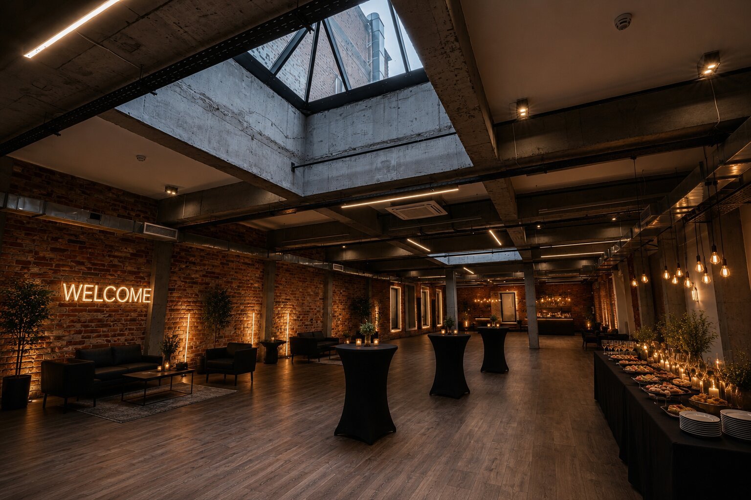 Welcome-зона новогоднего корпоратива в Quattro Space — ёлка, фотозона 2027, фуршет и lounge-пространство